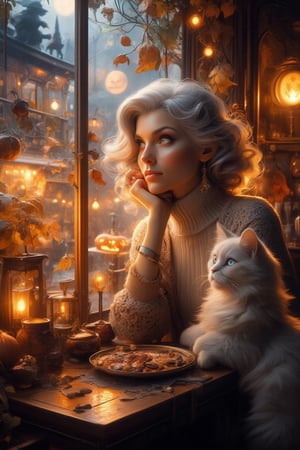 In a warm, golden-lit cafe, a lovely lady with soft, ash grey hair and deep blue eyes sits at a wooden table, surrounded by the whimsical atmosphere of a magical Halloween twilight. She wears a cozy turtleneck pullover as she gazes out the window, where swirling autumn leaves and twinkling lights on the antique-style street create a sense of enchantment. A fluffy white cat purrs beside her, sharing in the magic. Above, a witch on a broomstick soars, casting an otherworldly glow that highlights the intricate decorations and the girl's serene expression, capturing a moment of pure sweetness and wonder.