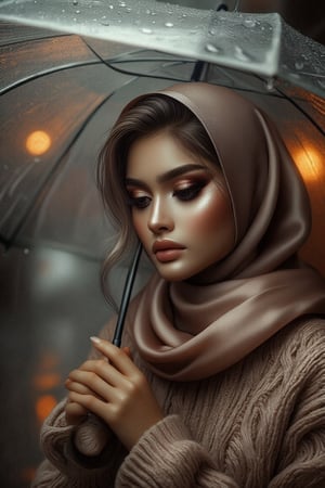 In a cinematic setting bathed in moody lighting, a stunning lady wearing a hijab and modestly intricately long knitwear stands confidently amidst torrential rain, her flawless complexion radiating warmth against the grey backdrop. Framed by the rain-soaked environment, she grasps a transparent umbrella, its colors popping against the drizzle. Her defined eyebrows and subtle eyeshadow accentuate her detailed eyes, while invitingly plump lips seem to beckon the viewer. The photorealistic rendering is so lifelike that raindrops glistening on her hijab appear ready to be touched.