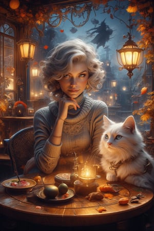 Golden hour illuminates the cozy cafe, where a lovely lady with soft ash grey hair and deep blue eyes sits amidst a whimsical Halloween twilight atmosphere. The wooden table's warm glow is reflected in her cozy turtleneck pullover as she gazes out at swirling autumn leaves and twinkling lights on the antique- style street, bathed in an otherworldly glow from a witch on a broomstick above. A fluffy white cat purrs beside her, sharing in the magic, as the intricate decorations and her serene expression capture a moment of pure sweetness and wonder.