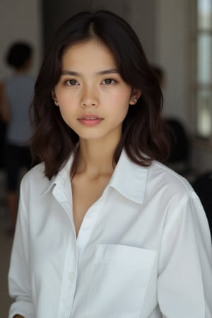 portrait young Thai woman with shoulder-length brown hair. She is wearing a white blouse with a collar and long sleeves. Her hair is styled in loose waves and falls over her shoulders. She has a serious expression on her face and is looking directly at the camera. The background is blurred, but it appears to be a room with a window and some chairs. The overall mood of the image is calm and contemplative.