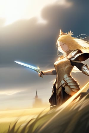 A fierce female warrior with flowing blonde hair, her face filled with determination and intensity. She raises her golden sword, pointing it forward, as if commanding her troops or challenging the enemy. Her intricately detailed golden armor and shield gleam in the bright sunlight, with complex and ornate designs that catch the light. The wind gently sweeps through the vast grassy field, causing the tall grass to sway. In the distance, a massive castle stands as a silent witness to the battle that is about to unfold. The sky is clear and blue, adding a sense of calm before the impending storm of war, while her focused eyes blaze with courage and a readiness for the fight.