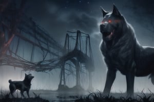 Beneath a starless sky, a haunting scene unfolds on a decrepit wooden bridge stretching over dark waters, faintly illuminated by distant stars. A woman in a tattered white dress stands eerily still on the bridge, her pale green skin marred by dark, ominous stains. Her twisted grin reveals long claw-like fingers raised high, creating a foreboding presence.

Beside her prowls a large black dog with glowing red eyes, its coarse fur bristling in the wind. The dog’s sharp teeth glint menacingly, and a low growl rumbles from its throat, amplifying the unease that envelops the scene. Surrounding them, a dense banana grove rustles softly, as if alive with whispers, enhancing the feeling of being watched from the shadows.

Above, bats dart through the smoky air, their silhouettes flickering against the starry backdrop. Wisps of mist swirl over the bridge, blurring the lines of reality and creating a surreal ambiance. The creaking wood of the bridge underfoot adds to the unsettling atmosphere, each sound echoing in the oppressive silence of the night.

Together, the woman and the dog stand as a terrifying pair, evoking an overwhelming sense of dread in the stillness. The entire scene is drenched in fear, a perfect harmony of horror that leaves an indelible mark on the imagination.