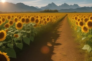 A vibrant sunflower field stretches out under a wide, blue sky filled with wispy clouds. The sun, setting low on the horizon, casts a warm glow over the field, creating soft shadows among the sunflowers. A dirt path runs straight through the middle of the field, leading the viewer's eye towards a range of dramatic mountains in the distance. Tall trees frame the scene, and the whole setting feels serene and peaceful, with a natural balance between the bright flowers in the foreground and the towering mountains in the background.