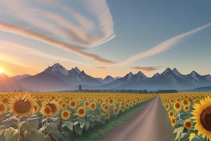 A vibrant sunflower field stretches out under a wide, blue sky filled with wispy clouds. The sun, setting low on the horizon, casts a warm glow over the field, creating soft shadows among the sunflowers. A dirt path runs straight through the middle of the field, leading the viewer's eye towards a range of dramatic mountains in the distance. Tall trees frame the scene, and the whole setting feels serene and peaceful, with a natural balance between the bright flowers in the foreground and the towering mountains in the background.