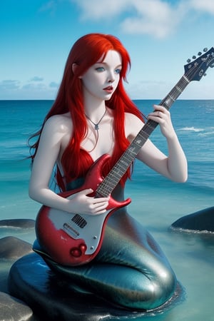 This is an image of a red-haired mermaid playing a heavy metal guitar on a rock in the middle of the sea, surrounded by a bright sky and reflections from the ocean. The picture radiates energy and perfectly matches the heavy metal vibe!