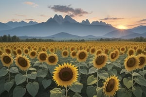 A vibrant sunflower field stretches out under a wide, blue sky filled with wispy clouds. The sun, setting low on the horizon, casts a warm glow over the field, creating soft shadows among the sunflowers. A dirt path runs straight through the middle of the field, leading the viewer's eye towards a range of dramatic mountains in the distance. Tall trees frame the scene, and the whole setting feels serene and peaceful, with a natural balance between the bright flowers in the foreground and the towering mountains in the background.