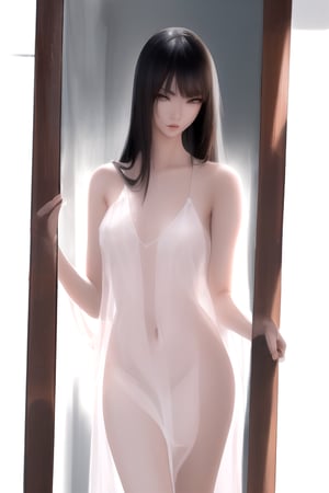 Masterpiece, best quality, ultra-detailed, Realistic image of a tall Asian woman with long hair wearing a sexy, thin, mirror-like nightgown. Wandering into a corn field