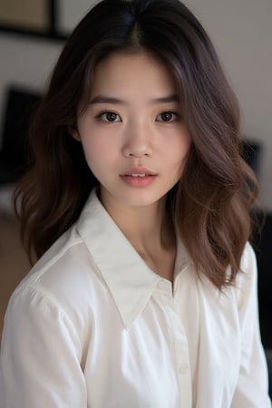 portrait young Thai woman with shoulder-length brown hair. She is wearing a white blouse with a collar and long sleeves. Her hair is styled in loose waves and falls over her shoulders. She has a serious expression on her face and is looking directly at the camera. The background is blurred, but it appears to be a room with a window and some chairs. The overall mood of the image is calm and contemplative.