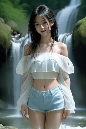 Beautiful Japanese girl playing in a waterfall, wearing a white off-shoulder crop top, shorts, her clothes are soaking wet and see-through, high resolution, masterpiece, anatomically correct, hair shaking, wet hair, fun/happy, bright eyes,