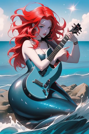 This is an image of a red-haired mermaid playing a heavy metal guitar on a rock in the middle of the sea, surrounded by a bright sky and reflections from the ocean. The picture radiates energy and perfectly matches the heavy metal vibe!