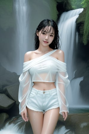 Beautiful Japanese girl playing in a waterfall, wearing a white off-shoulder crop top, shorts, her clothes are soaking wet and see-through, high resolution, masterpiece, anatomically correct, hair shaking, wet hair, fun/happy, bright eyes,