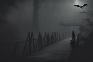 Beneath a starless sky, a haunting scene unfolds on a decrepit wooden bridge stretching over dark waters, faintly illuminated by distant stars. A woman in a tattered white dress stands eerily still on the bridge, her pale green skin marred by dark, ominous stains. Her twisted grin reveals long claw-like fingers raised high, creating a foreboding presence.

Beside her prowls a large black dog with glowing red eyes, its coarse fur bristling in the wind. The dog’s sharp teeth glint menacingly, and a low growl rumbles from its throat, amplifying the unease that envelops the scene. Surrounding them, a dense banana grove rustles softly, as if alive with whispers, enhancing the feeling of being watched from the shadows.

Above, bats dart through the smoky air, their silhouettes flickering against the starry backdrop. Wisps of mist swirl over the bridge, blurring the lines of reality and creating a surreal ambiance. The creaking wood of the bridge underfoot adds to the unsettling atmosphere, each sound echoing in the oppressive silence of the night.

Together, the woman and the dog stand as a terrifying pair, evoking an overwhelming sense of dread in the stillness. The entire scene is drenched in fear, a perfect harmony of horror that leaves an indelible mark on the imagination.