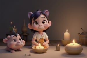 A baby hippo is being happily massaged with traditional Thai techniques in a dimly lit massage room. The room is illuminated by soft candlelight, with fragrant incense sticks burning. The masseuse is a beautiful and cute teenage Thai girl, wearing a simple, traditional Thai outfit, typical of villagers. The scene is created in a Pixar-style, with a high level of detail and vibrant colors, making the atmosphere warm and peaceful.