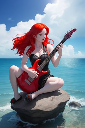 This is an image of a red-haired mermaid playing a heavy metal guitar on a rock in the middle of the sea, surrounded by a bright sky and reflections from the ocean. The picture radiates energy and perfectly matches the heavy metal vibe!