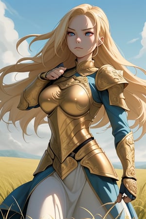 A fierce female warrior with flowing blonde hair, her face filled with determination and intensity. She raises her golden sword, pointing it forward, as if commanding her troops or challenging the enemy. Her intricately detailed golden armor and shield gleam in the bright sunlight, with complex and ornate designs that catch the light. The wind gently sweeps through the vast grassy field, causing the tall grass to sway. In the distance, a massive castle stands as a silent witness to the battle that is about to unfold. The sky is clear and blue, adding a sense of calm before the impending storm of war, while her focused eyes blaze with courage and a readiness for the fight.