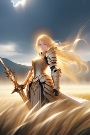 A fierce female warrior with flowing blonde hair, her face filled with determination and intensity. She raises her golden sword, pointing it forward, as if commanding her troops or challenging the enemy. Her intricately detailed golden armor and shield gleam in the bright sunlight, with complex and ornate designs that catch the light. The wind gently sweeps through the vast grassy field, causing the tall grass to sway. In the distance, a massive castle stands as a silent witness to the battle that is about to unfold. The sky is clear and blue, adding a sense of calm before the impending storm of war, while her focused eyes blaze with courage and a readiness for the fight.