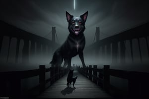 Beneath a starless sky, a haunting scene unfolds on a decrepit wooden bridge stretching over dark waters, faintly illuminated by distant stars. A woman in a tattered white dress stands eerily still on the bridge, her pale green skin marred by dark, ominous stains. Her twisted grin reveals long claw-like fingers raised high, creating a foreboding presence.

Beside her prowls a large black dog with glowing red eyes, its coarse fur bristling in the wind. The dog’s sharp teeth glint menacingly, and a low growl rumbles from its throat, amplifying the unease that envelops the scene. Surrounding them, a dense banana grove rustles softly, as if alive with whispers, enhancing the feeling of being watched from the shadows.

Above, bats dart through the smoky air, their silhouettes flickering against the starry backdrop. Wisps of mist swirl over the bridge, blurring the lines of reality and creating a surreal ambiance. The creaking wood of the bridge underfoot adds to the unsettling atmosphere, each sound echoing in the oppressive silence of the night.

Together, the woman and the dog stand as a terrifying pair, evoking an overwhelming sense of dread in the stillness. The entire scene is drenched in fear, a perfect harmony of horror that leaves an indelible mark on the imagination.