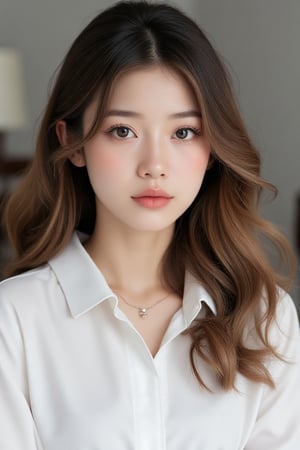 portrait young Thai woman with shoulder-length brown hair. She is wearing a white blouse with a collar and long sleeves. Her hair is styled in loose waves and falls over her shoulders. She has a serious expression on her face and is looking directly at the camera. The background is blurred, but it appears to be a room with a window and some chairs. The overall mood of the image is calm and contemplative.