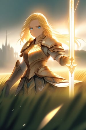 A fierce female warrior with flowing blonde hair, her face filled with determination and intensity. She raises her golden sword, pointing it forward, as if commanding her troops or challenging the enemy. Her intricately detailed golden armor and shield gleam in the bright sunlight, with complex and ornate designs that catch the light. The wind gently sweeps through the vast grassy field, causing the tall grass to sway. In the distance, a massive castle stands as a silent witness to the battle that is about to unfold. The sky is clear and blue, adding a sense of calm before the impending storm of war, while her focused eyes blaze with courage and a readiness for the fight.