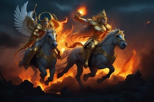 A breathtaking and epic battle scene from a legendary tale, featuring a divine figure standing on a grand golden chariot pulled by majestic winged horses. The deity, adorned in traditional royal armor and a golden crown, commands the battlefield with a calm yet powerful demeanor. Surrounding the chariot are fierce warriors riding winged horses, charging into battle against an army of ape-like creatures. The sky is split between a dark storm and a glowing sunset, intensifying the chaotic energy. Below, the battlefield is engulfed in flames as the ferocious ape warriors clash in combat. The scene is filled with action, movement, and dynamic intensity, with fiery explosions and clashing warriors, portraying the grandeur of legend, heroism, and a divine war.