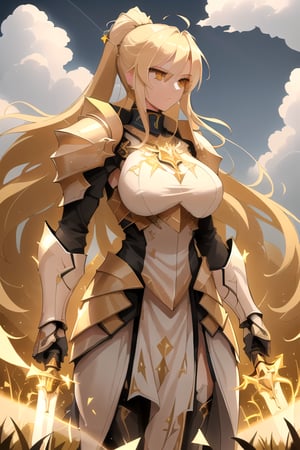 A fierce female warrior with flowing blonde hair, her face filled with determination and intensity. She raises her golden sword, pointing it forward, as if commanding her troops or challenging the enemy. Her intricately detailed golden armor and shield gleam in the bright sunlight, with complex and ornate designs that catch the light. The wind gently sweeps through the vast grassy field, causing the tall grass to sway. In the distance, a massive castle stands as a silent witness to the battle that is about to unfold. The sky is clear and blue, adding a sense of calm before the impending storm of war, while her focused eyes blaze with courage and a readiness for the fight.