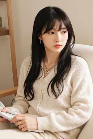 A young woman with long, dark hair and piercing black eyes sits comfortably on a soft headrest, surrounded by a cozy indoor setting. She wears a white sweater with long sleeves and a matching shirt, adorned with jewelry including earrings and a necklace featuring a prominent ring. Her lips are painted with subtle color as she gazes away from the viewer, lost in thought while holding a book.