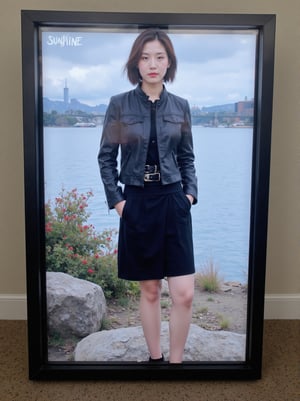 Captured on a digital screen, a woman stands in front of a body of water. She is dressed in a black leather jacket, a black skirt, and a black belt. Her hair is styled in a sleek bob, and her eyes are focused on the camera. The woman's hair is dark brown, and she is wearing a pair of black laces. The backdrop is a cloudy sky, and there is a bridge in the distance. To the left of the woman is a tree with green leaves, and the word "SUNSHINE" is visible in the top left corner of the screen. Below the screen, the words "Weekly Best Dressed" are written in white.