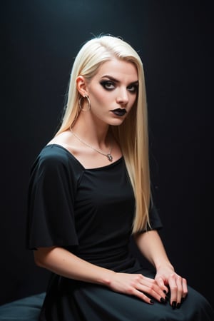 (score_9, score_8_up:1.2), photo, source_anime, cowboy shot, 1girl, portrait, face only, emo, makeup, dark makeup, earrings, dress, blonde, long hair, black lipstick,anya taylor, (sitting, ritual, dark room, black background, magic, glowing, fire magic)