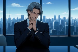 Close-up anime-style shot of David in his office, a confident smile on his face as he adjusts his watch. Behind him, large windows showcase a cityscape with skyscrapers and a clear blue sky, capturing his success and high status in a visually appealing way. The lighting is bright, emphasizing his sharp suit and the luxurious office decor, with the composition focusing on his confident demeanor and the expansive view of the city.