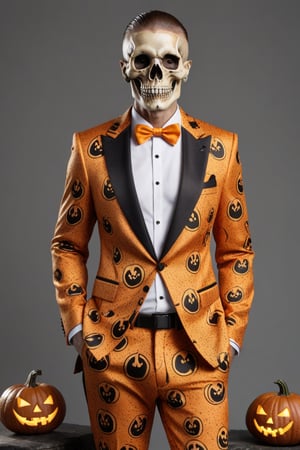 Orange Halloween Tuxedo With Skull and Jack-o'-lanterns printed on blazer and pants 