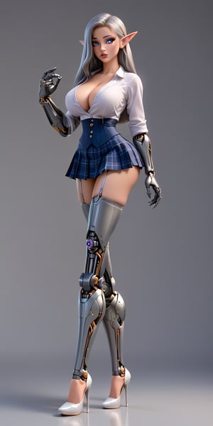 Beautiful, busty robot schoolgirl with mechanical arms, long blue gray hair, elf ears and robotic left eye wearing stiletto heels 