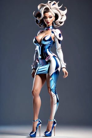 futuristic,3d toon style busty woman wearing The Farthingale and stiletto heels 