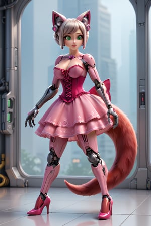 Beautiful, petite, busty robot kitsune with khaki hair mechanical limbs, tail and big green eyes wearing fuchsia pink and crimson Corset pettiskirt dress and  heels 