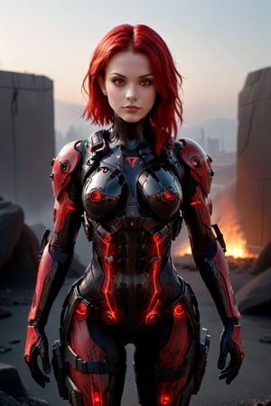 exosuit,futuristic,tactical gear,mythology, red eyes, red hair, armor,composed of fire elements