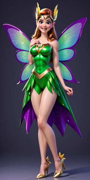   She's a very attractively beautiful young petite busty superhero fairy wearing a superhero costume and golden stiletto heels 