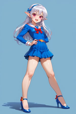 Ecchi Petite, flatchest, Ecchi, elf superhero with khaki hair and red eyes wearing heels, and sapphire blue schoolgirl uniform 