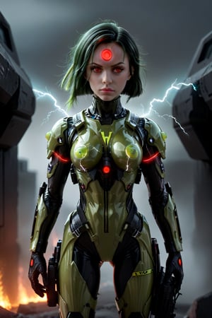 exosuit,futuristic,tactical gear,mythology, red eyes, lime green hair, armor,composed of fire elements,third eye,composed of elements of thunder,thunder, electricity