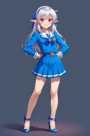 Ecchi Petite, flatchest, Ecchi, elf superhero with khaki hair and red eyes wearing heels, and sapphire blue schoolgirl uniform 