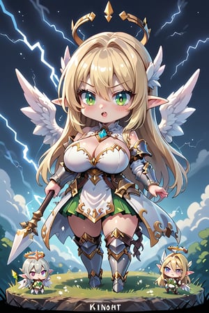 Busty Khaki Haired Elf Knight with angel wings Holding lightning spear,Chibi,monster,Dragon