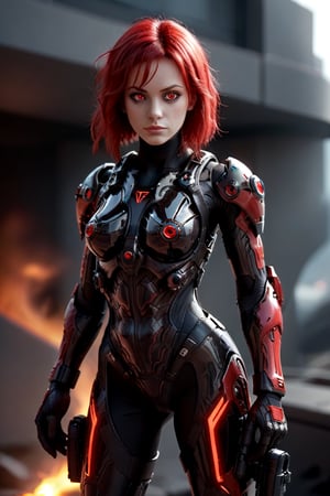 exosuit,futuristic,tactical gear,mythology, red eyes, red hair, armor,composed of fire elements,third eye