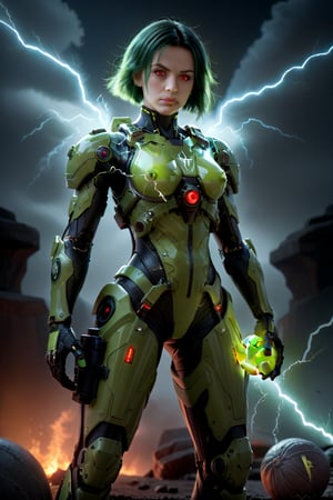 exosuit,futuristic,tactical gear,mythology, red eyes, lime green hair, armor,composed of fire elements,third eye,composed of elements of thunder,thunder,  ball of electricity in right hand,composed of elements of thunder,thunder,electricity