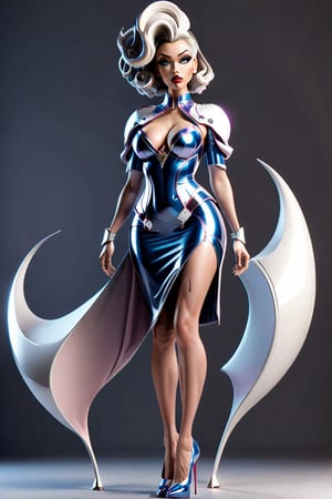 futuristic,3d toon style busty woman wearing The Farthingale and stiletto heels 