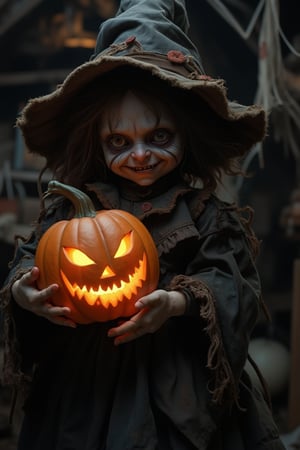 A Halloween-style creep doll, eerie and lifelike, holds a pumpkin in her hand. The doll is dressed in a tattered, vintage costume with a witch hat. The scene is set in a dimly lit, cobweb-filled attic. The doll's expression is haunting, with a twisted smile. The pumpkin glows with an inner light, casting a spooky glow. The composition is close-up, focusing on the doll's face and the pumpkin, with the attic's shadows adding to the creepy atmosphere.