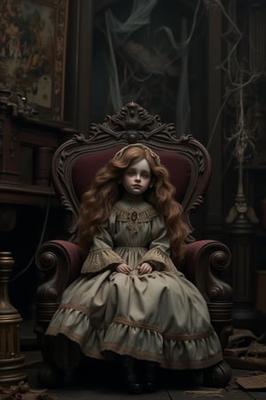 A girl doll, intricately detailed, sits on an antique chair in an old castle. The chair is ornate, with carved wood and velvet upholstery. The castle interior is dimly lit, with cobwebs and faded tapestries on the walls. The doll is dressed in a vintage gown, her expression serene. The composition is centered, with the doll and chair prominently featured, the castle's eerie atmosphere subtly enhancing the scene.