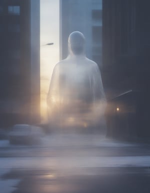 photo of A transparent snowman ghost standing on the streets of the city, with residential buildings on both sides of the street, and the city is snowing; sunrise.