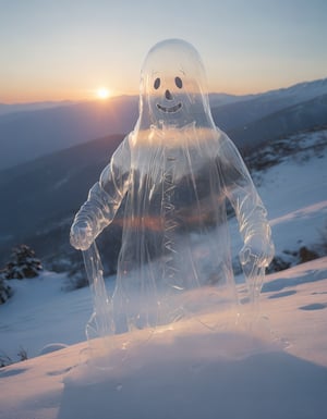 photo of a transparent ghost snowman on a snowy mountain, sunrise