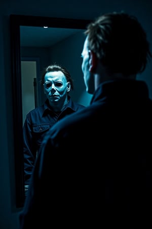 Spooky Creepy Mirror Reflection, Michael Myers looking into a creepy mirror