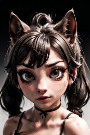 18 year old neko girl. Japanese. warm skin. black hair. black ponytail. black bangs. black cat ears. Large beautiful dark brown eyes. (((dark brown eyes))). small feline nose. cat nose. delicate feline mouth. long black tail.