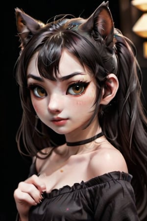 18 year old neko woman. Japanese. British. warm skin. black hair. black ponytail. black bangs. black cat ears. Large beautiful dark brown eyes. (((dark brown eyes))). small feline nose. cat nose. delicate feline mouth. long black tail.