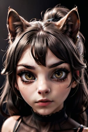 18 year old neko girl. British. warm skin. black hair. black ponytail. black bangs. black cat ears. Large beautiful dark brown eyes. (((dark brown eyes))). small feline nose. delicate feline mouth. long black tail.